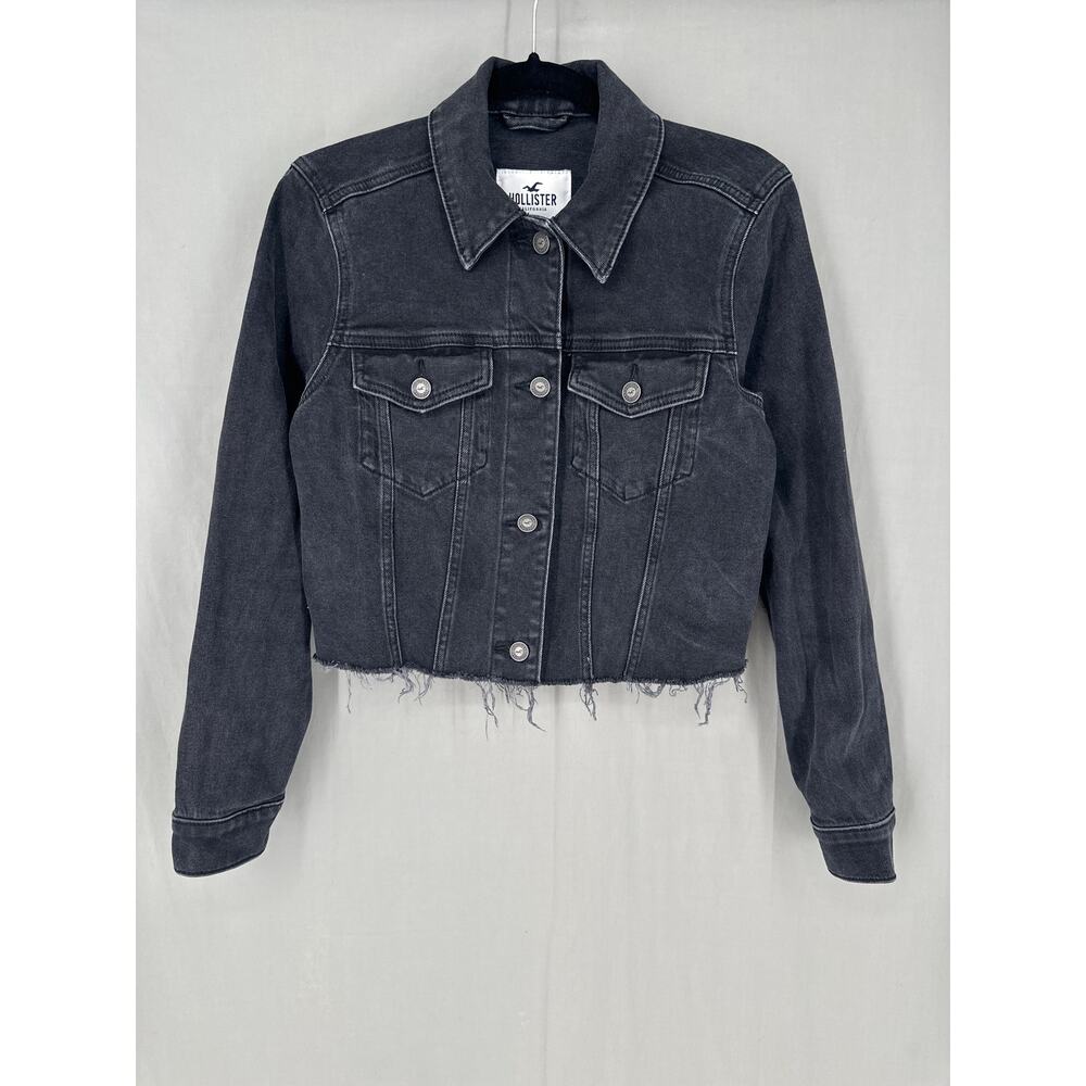 Hollister Denim Jacket Womens Small Black Cropped Button Raw Hem Boho Grunge